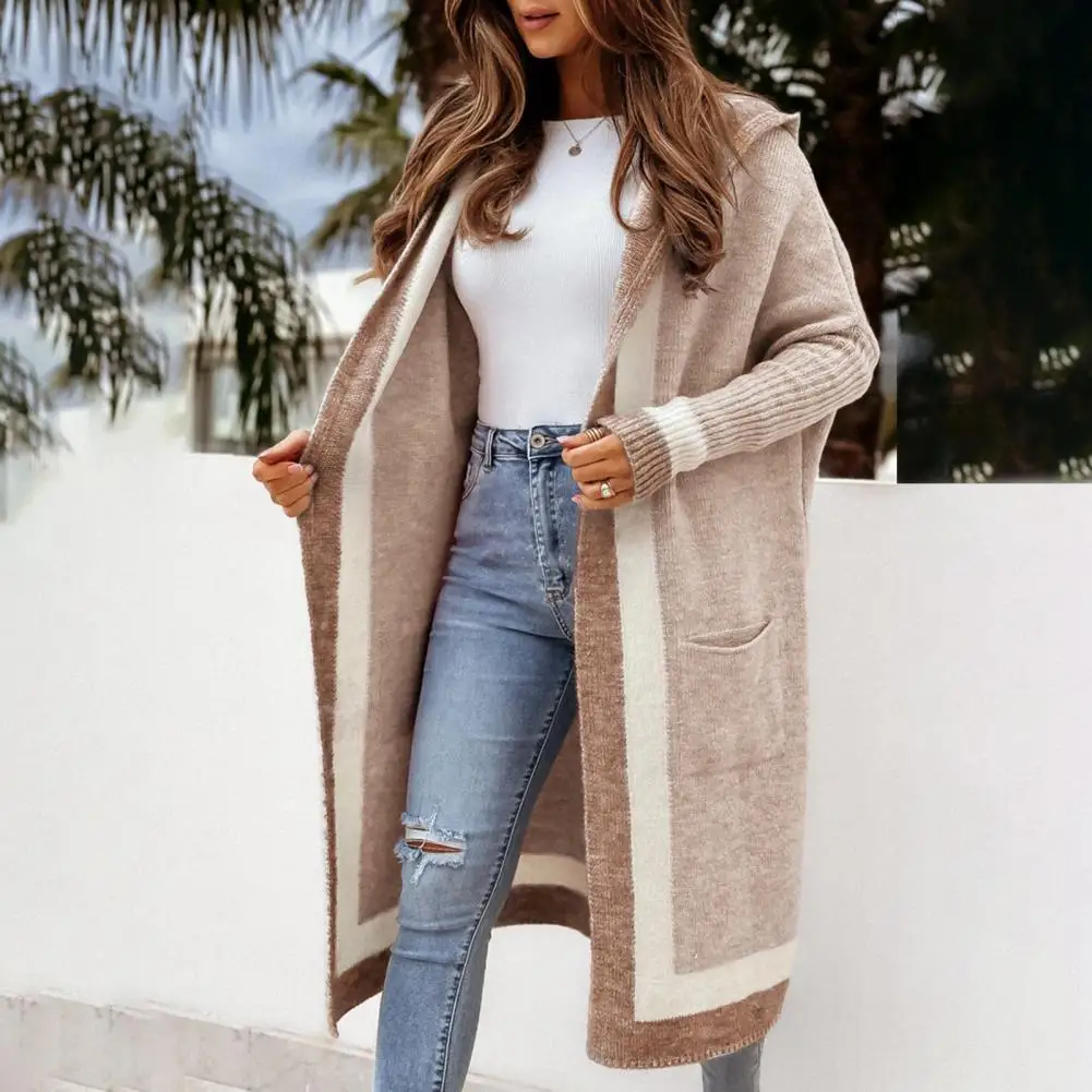 

Women Sweater Cardigan Stylish Women's Mid-length Knitting Cardigan Hooded Patchwork Color Open Front Sweater Coat for Autumn