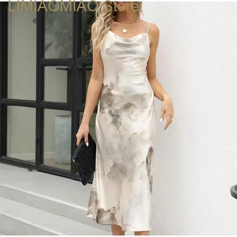 

New Women Slip Dress Wash Painting Print Sleeveless Square Collar Midi Dresses Female Summer Satin Fashion Ladies Vestidos