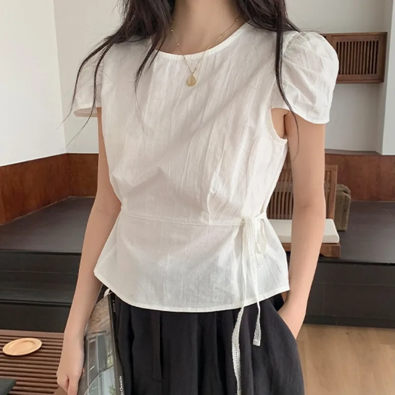 

Ele Chic Ort Sve Irt Women's Round Ne Rope Waist Summer New Sle Classy Top Faionable Trendy Ladies Blouse