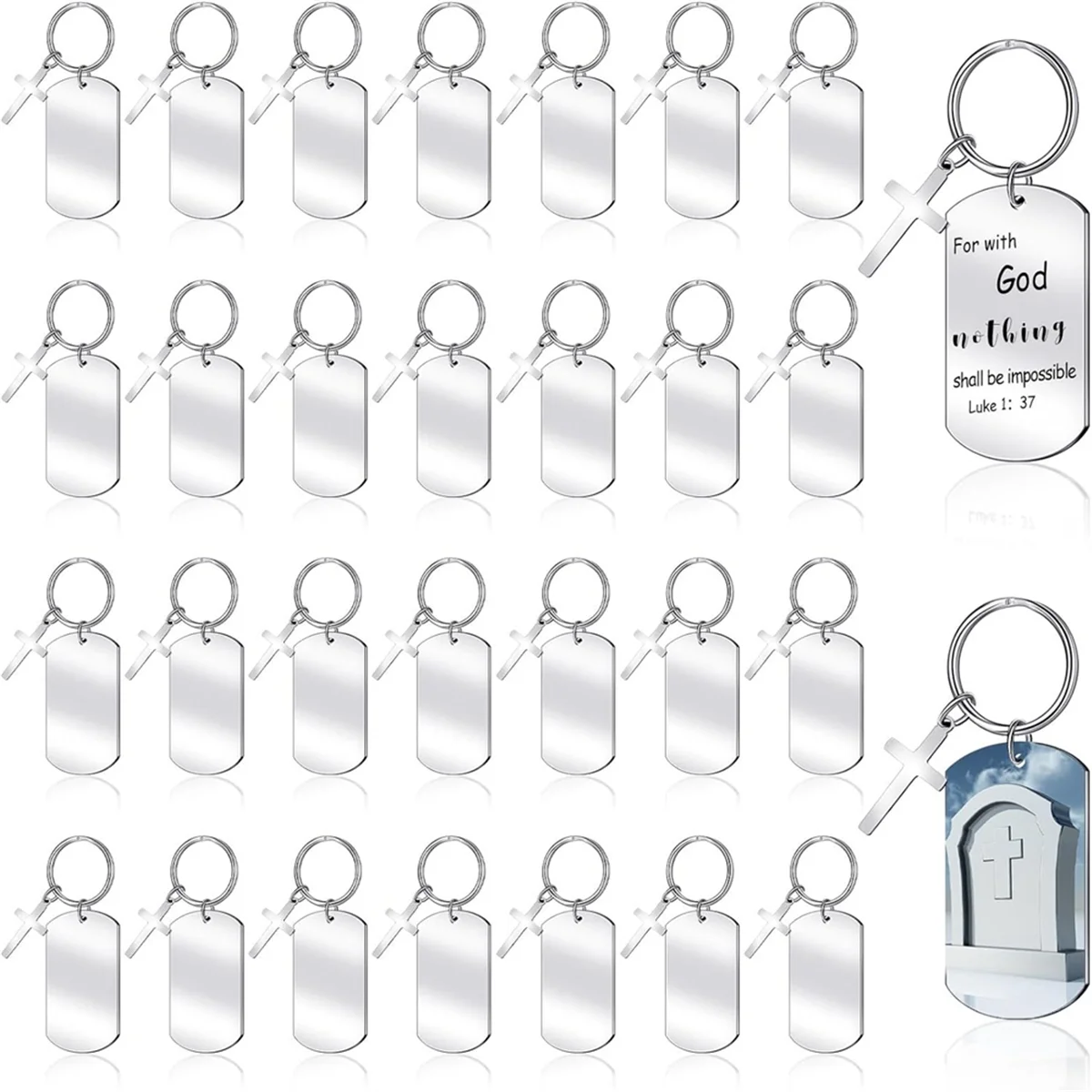 EYFL-30 Pcs Engravable Metal Keychain Blanks Metal Stamping Blanks for Engraving Stainless Steel Blank Key Ring Tag with Hole