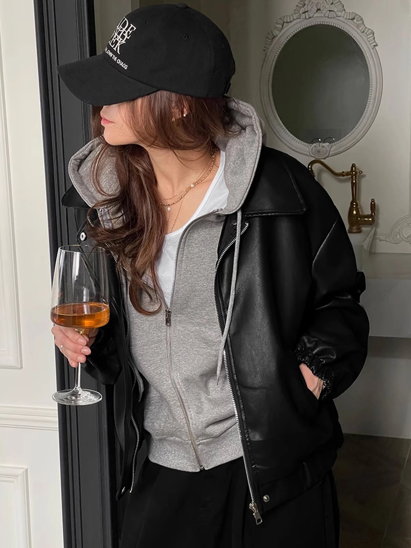 Giacca da motociclista in pelle PU premium da donna, con cerniera, stile vintage, casual, vestibilità ampia, maniche lunghe, novità invernale