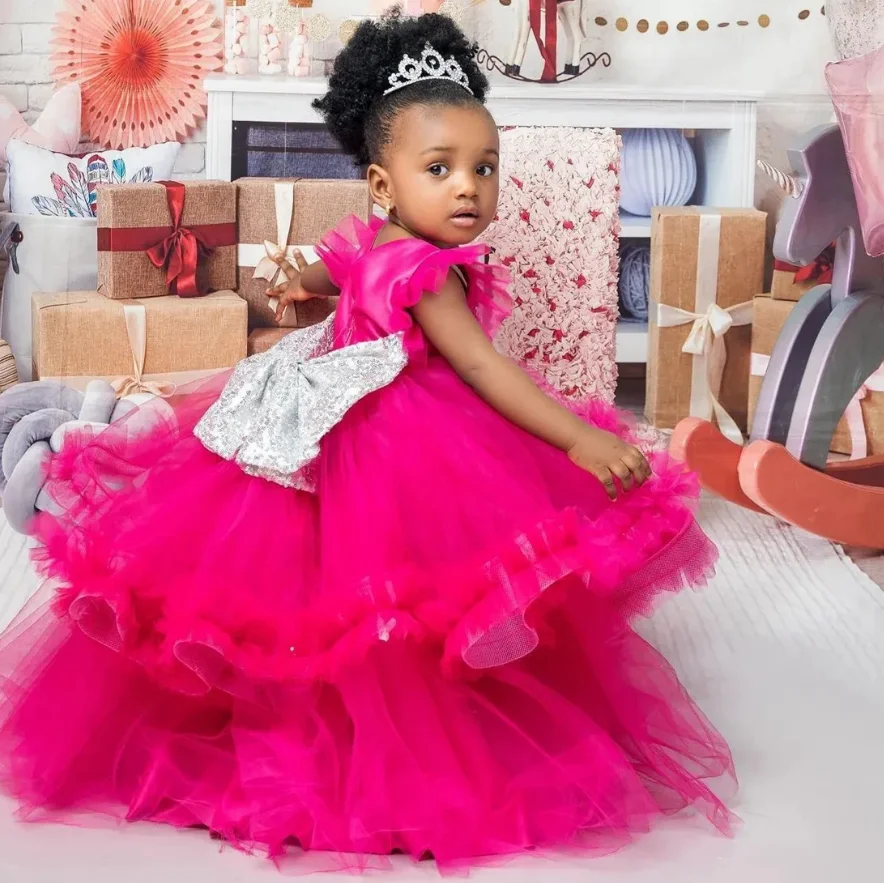 Fuchsia Toddler Girl First Birthday Dress Tiered Tulle Ball Gowns Queen Bow Decorated Little Girls Party Dress