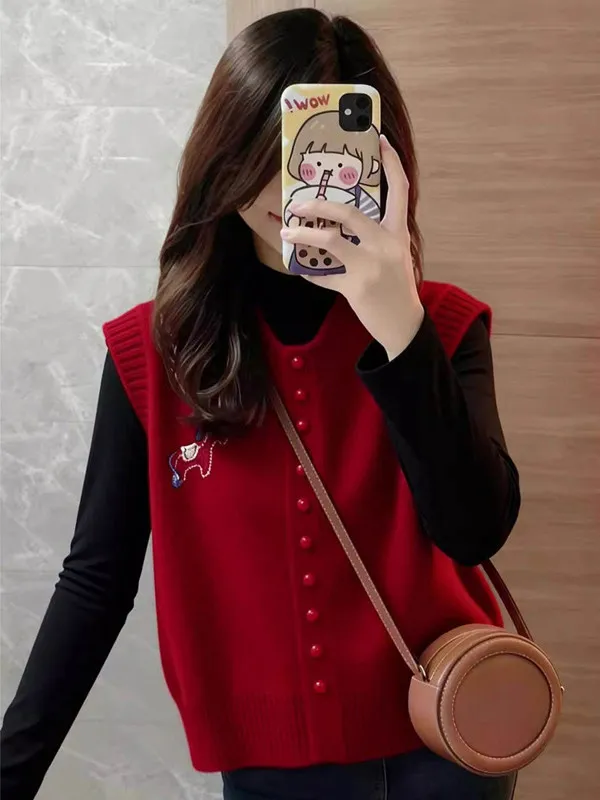 

Красный вязаный жилет женский, модный, элегантный, новая весенняя модель, без рукавов, с круглым вырезом, трендовый топ для многослойных образов