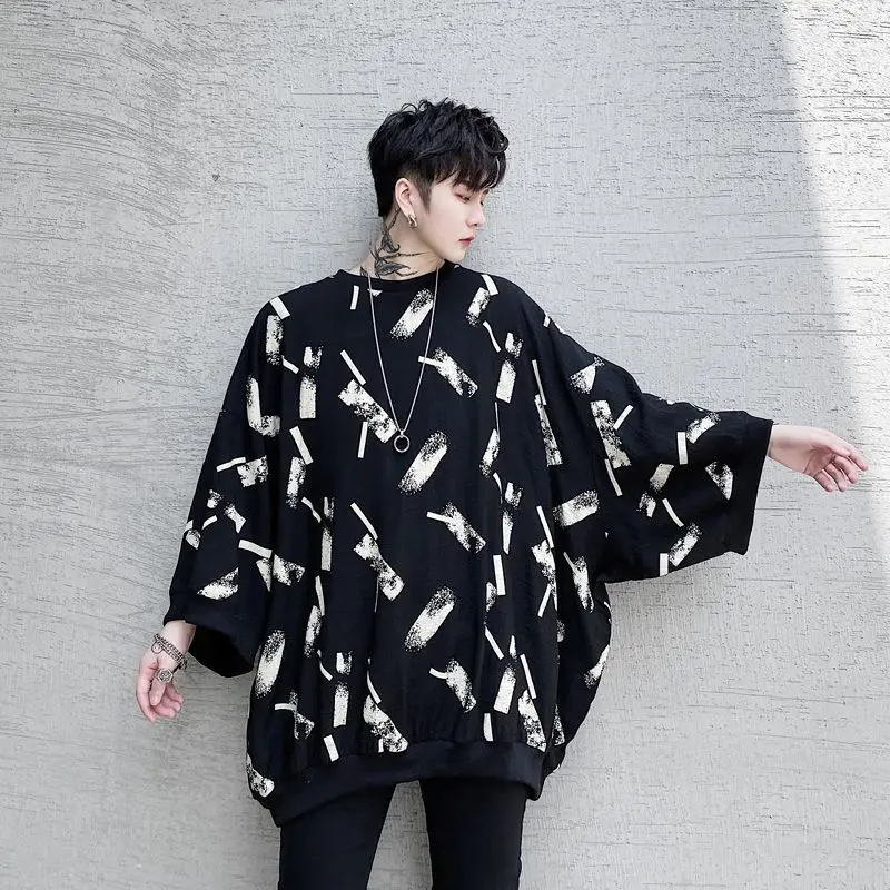 Fashion O-Neck Loose Printed Batwing Sleeve T-Shirts Men\'s Clothing 2024 Spring New Oversized Casual Tops All-match Tee Shirt