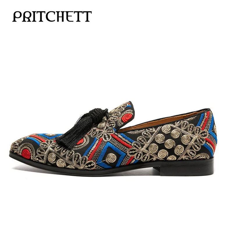 Color Geometric Embroidery Tassel Loafers Square Toe Color Matching Square Root Slip-On Fashion Comfortable Men's Shoes