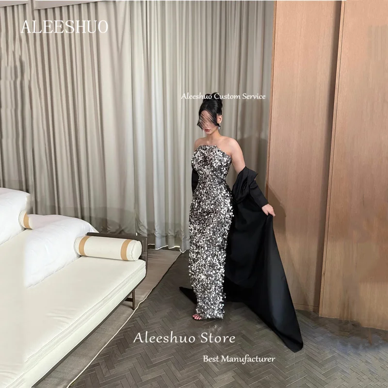 Moderne Meerjungfrau-Pailletten-Abschlussballkleider, plissiert, trägerlos, halbe Ärmel, langer Zug, Party, formelles Abendkleid, sexy, rückenfrei, individuell