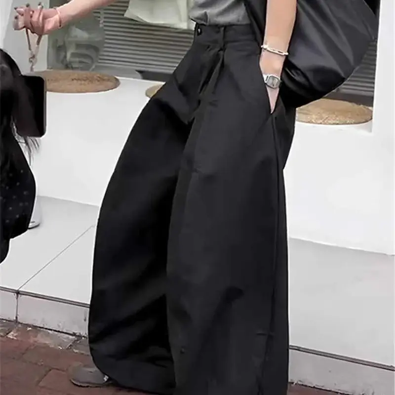 الصيف الكورية موضة مطوي جيب الشارع الشهير بنطلون 234A أسود بنطال ذو قصة أرجل واسعة النساء عالية الخصر عادية فضفاض بالازو السراويل