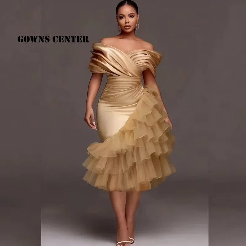 Customized Gold Prom Dresses Plus Size Off Shoulder Trumpet Ruffles Tulle Elastic Satin Pleats Formal Party Evening Gowns