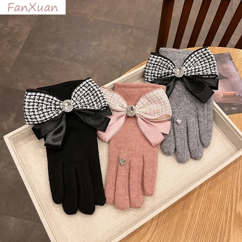 Big Bowknot Gloves Women Autumn Winter Thickened Plush Touch Screen Elegant Gloves Cashmere Female Gift