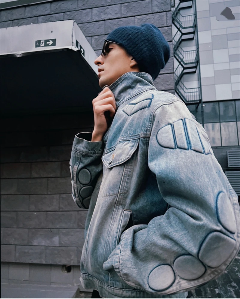 Autumn Winter SN High Street Washed Denim Jacket Loose Casual Versatile Trendy Industrial Style 3D Design Hip Hop Men Sports