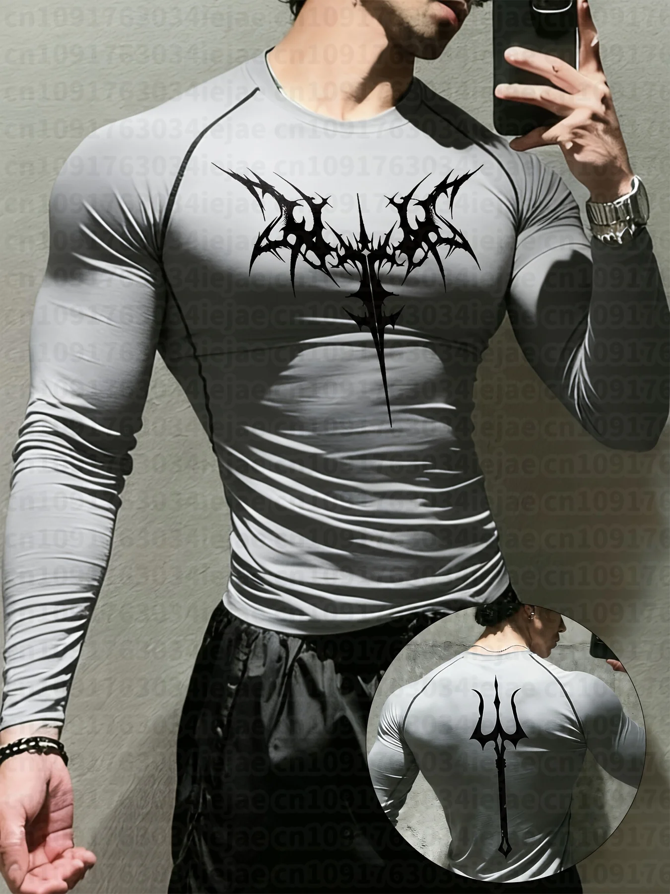 Herren-Langarmshirt mit dunklem abstraktem totemischem Gothic-Stil, Dreizack-Symbol und symmetrischem Dornenmuster. – Detail 4