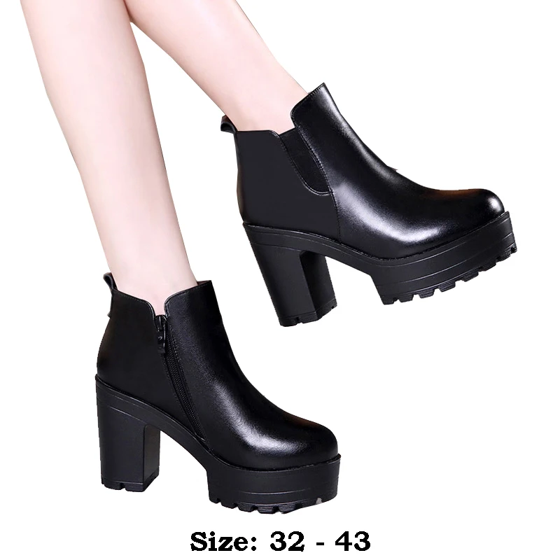 High quality short ankle leather boots for women 10cm high heel platform 2024 autumn winter 32 33 43 elegant shoe black brown