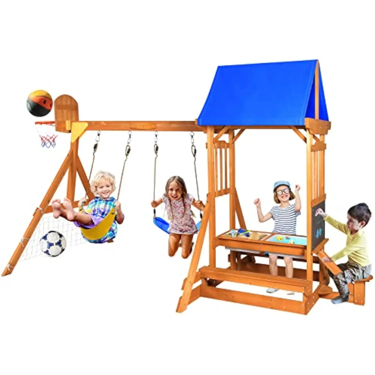 Wooden Swing Set/Playset Made for Small Yards and Kids Toddlers Age 3-6, 6-in-1 Playground Set with Picnic Table Drawing Board