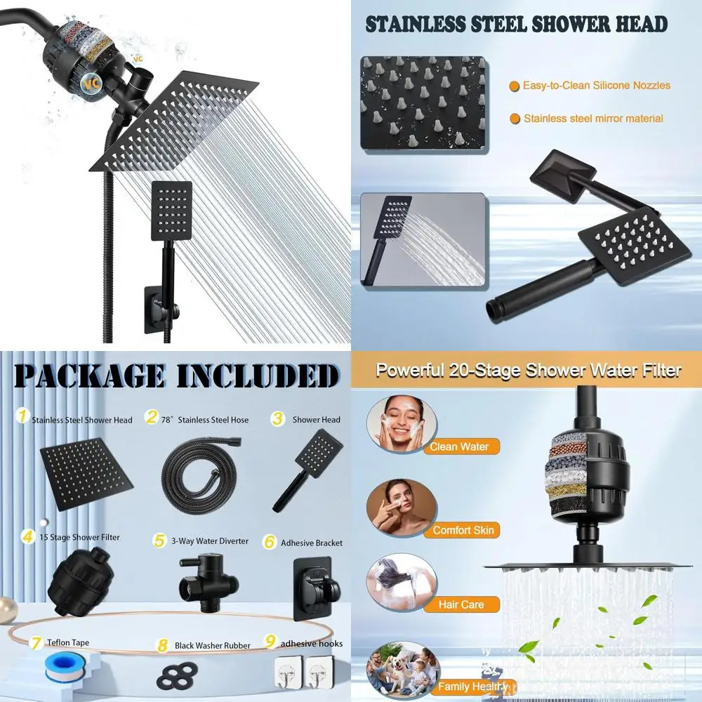

Matte Black 8 Square Showerhead with 20-Stage Filter and Metal Spray Combo
