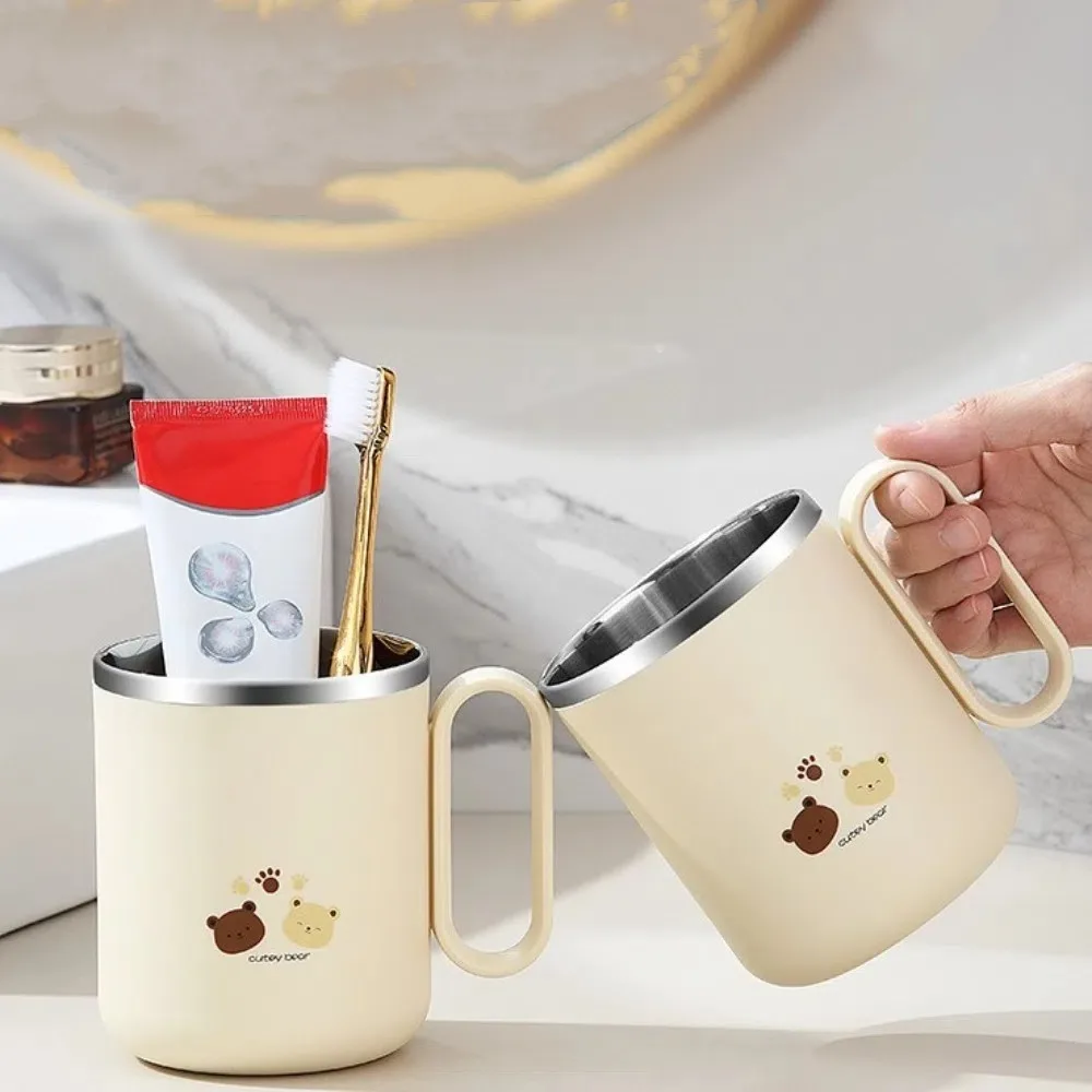

Cute Stainless Steel Mouthwash Cup Cartoon Anti Slip Bottom Anti Mold Toothbrush Cup Round Beige Couple's Wash Cup