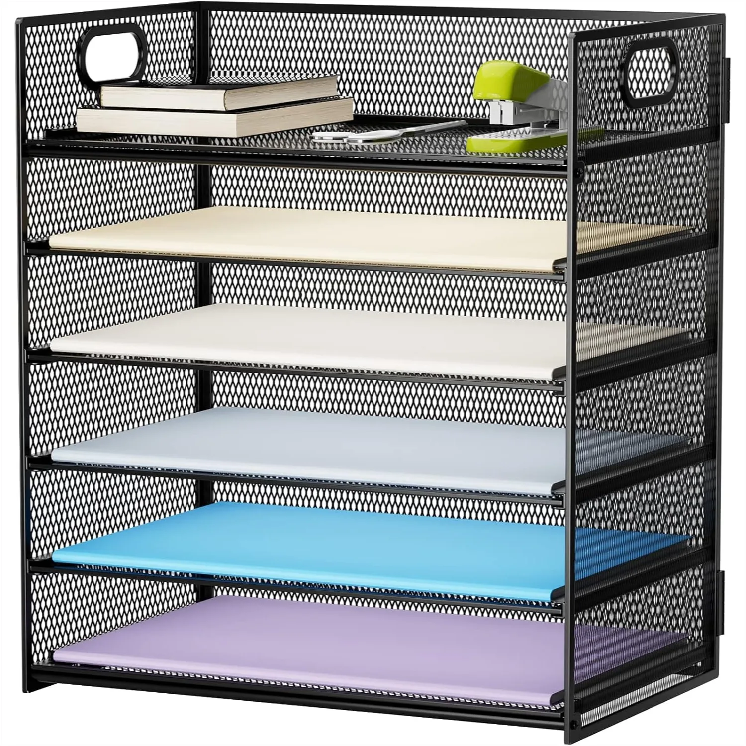 

6 Tier Mesh Desk File Organizer with Portable Handle, Paper Sorter for Letter/A4 Office Folder Holder, Black