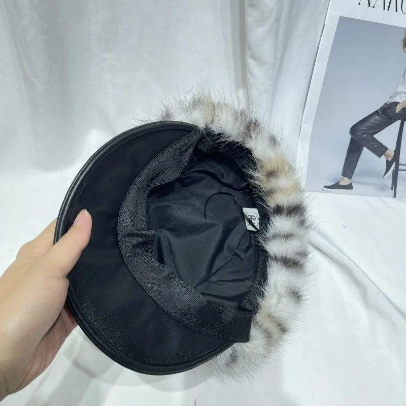 Designer Imitation Fur Splicing Berets Women Korean Version Fashion British Leather Brim Painter Newsboy Hat Tide Autumn Winter