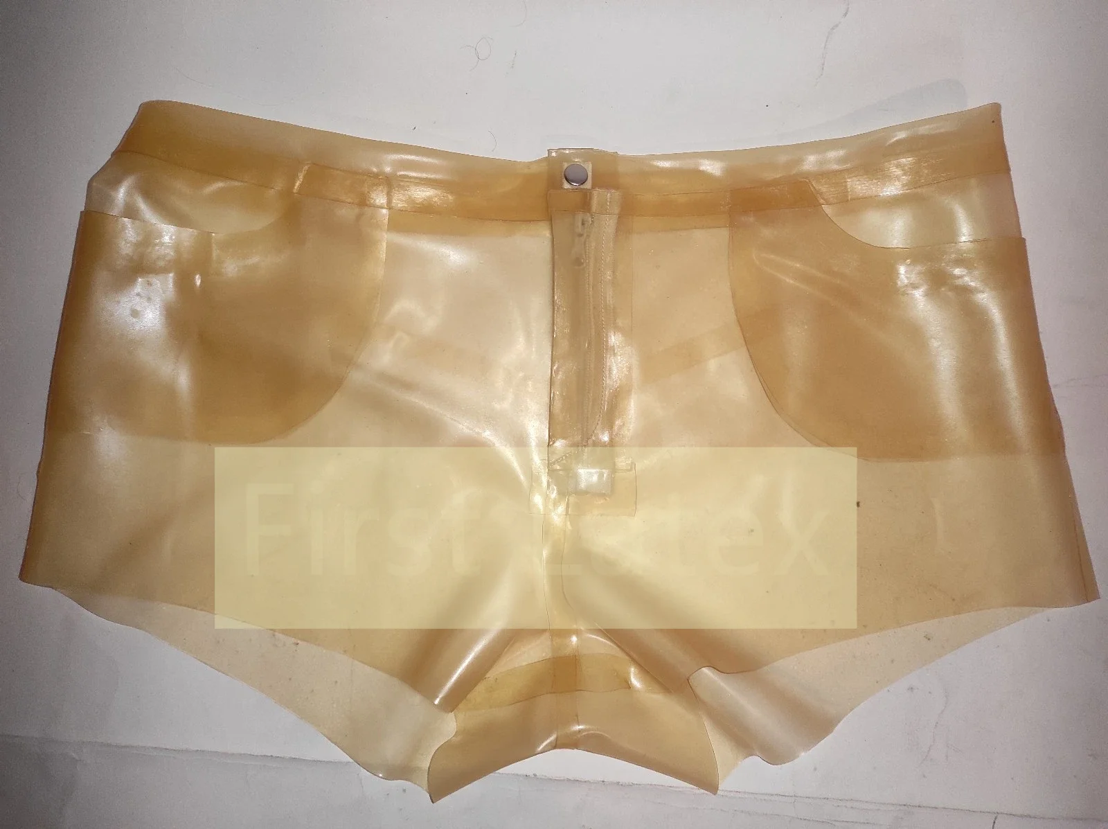 

Transparent Handmade Sexy Women Fetish Latex Boxer With Pockets Exotic Rubber Female Short Jeans Front Zipper Halloween Party