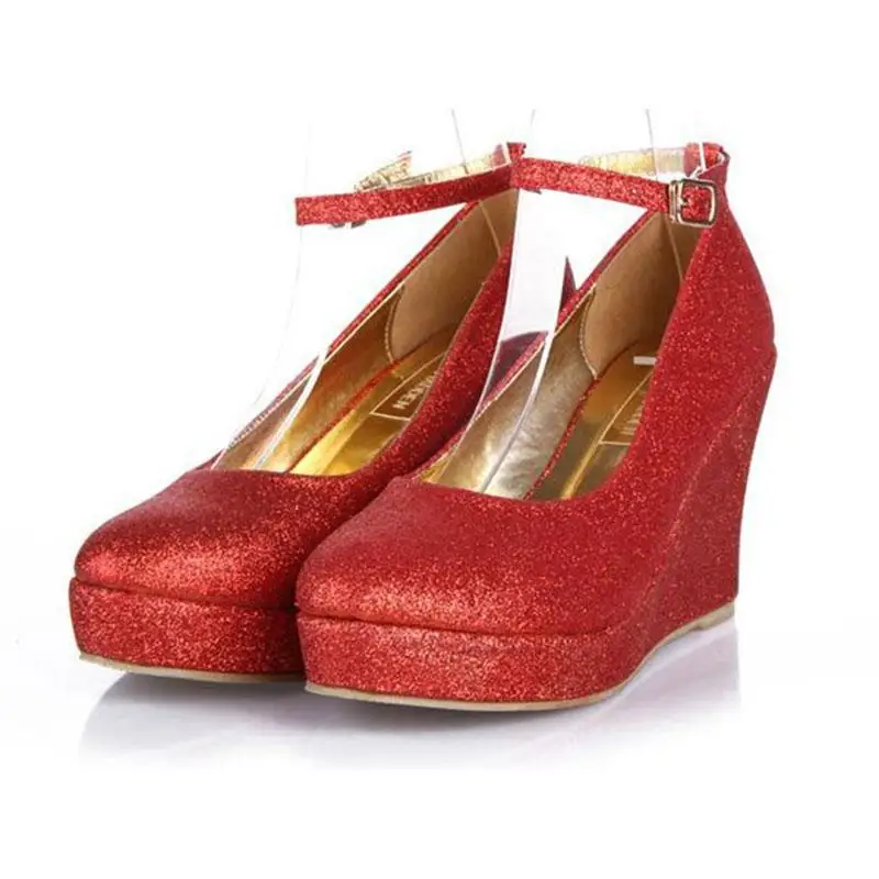 

Summer New Women's Red Glitter Wedge Platform Wedding Shoes Bridal Heels Ankle Strap Party Dress Shoes Big Size 31-42