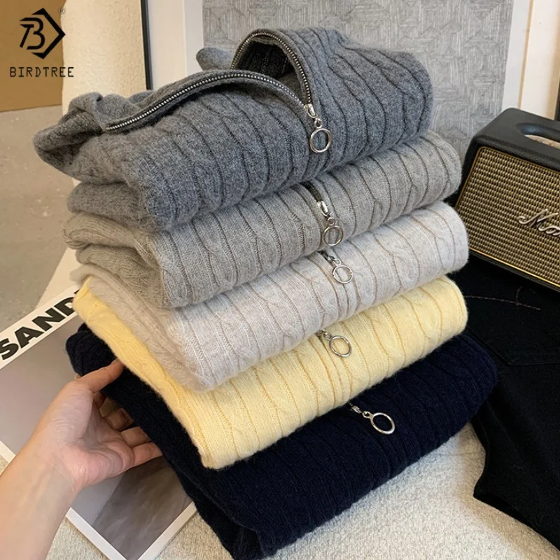 

Birdtree, бесшовный вязаный кардиган из 100% овечьей шерсти, женский теплый трикотаж на молнии с капюшоном, осень-зима 2025, свободное пальто T59003JF