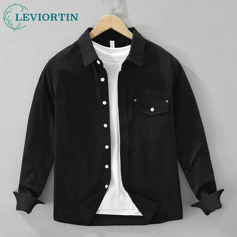 

Autumn Japanese fresh workwear printed long sleeved shirt for men, fashionable and versatile, artistic and casual loose top