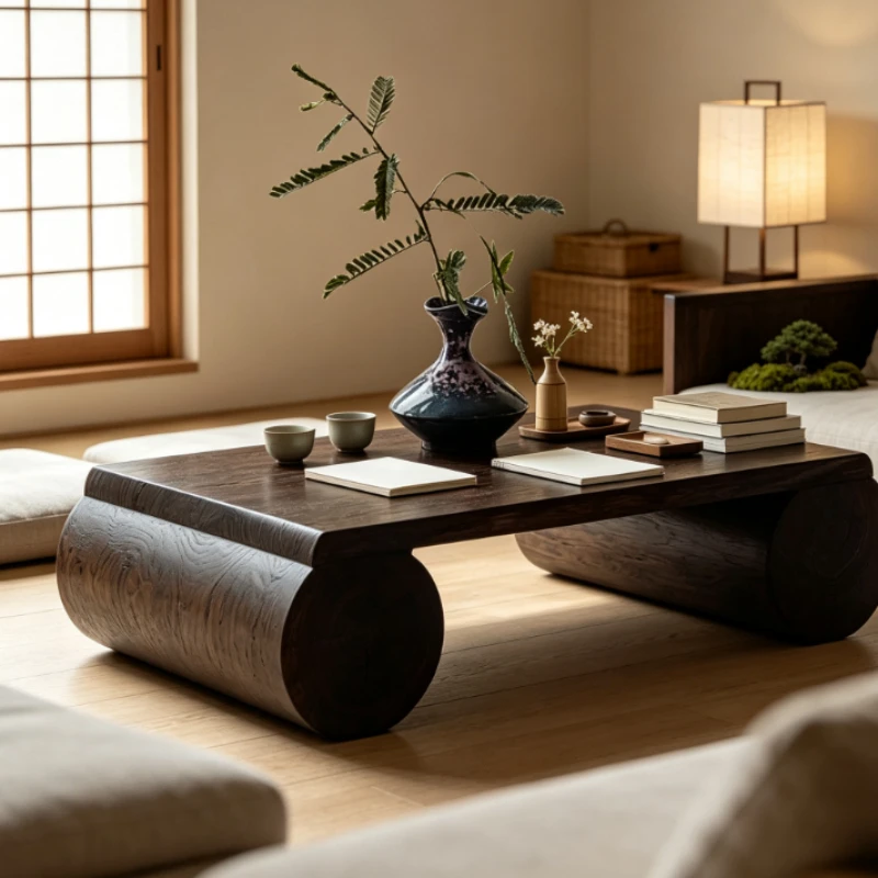 Japanese Style Solid Wood Low Table with Tatami Mat & Side Desk for Home Balcony Bay Window Cozy Space-Saving Versatile Sturdy