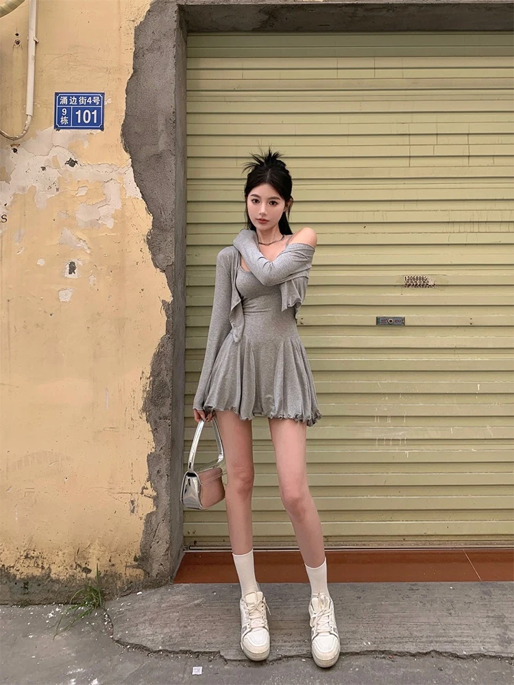 Fall Women Vacation Outfits 2 Piece Dress Set Solid Color Long Sleeve Cardigan Top + 2000s Aesthetic Mini Gyaru Pleated Dresses