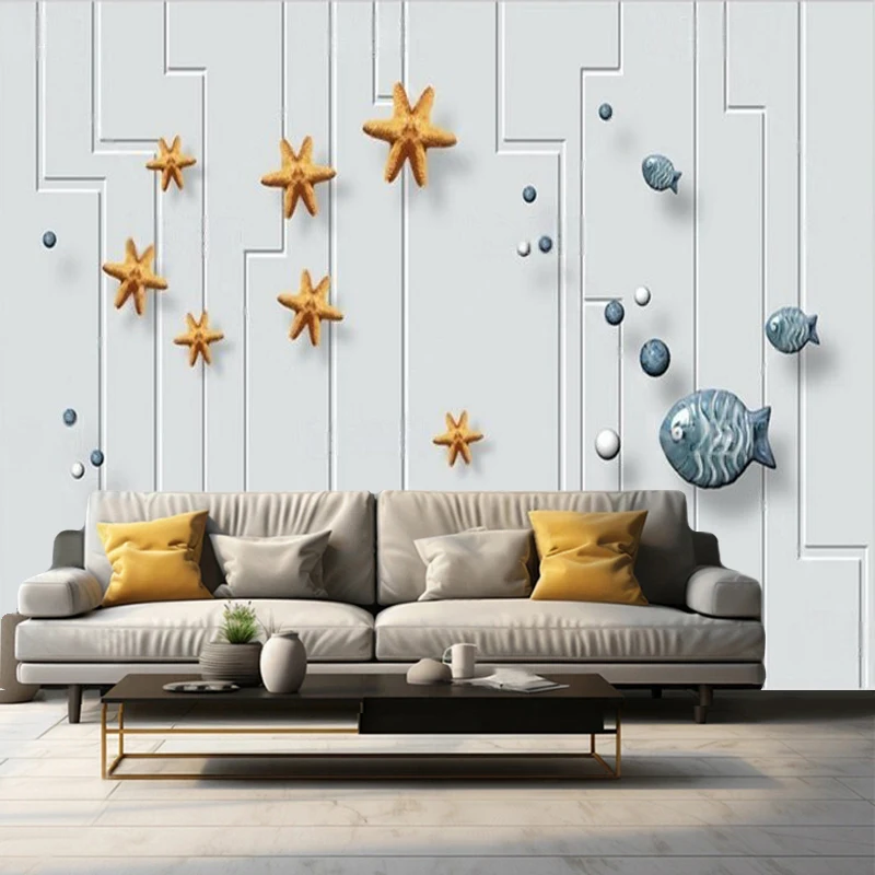 Modern Minimalist Three-Dimensional Creative Fish Sea Star Elegant And Fashionable Study Room Library Cabinet Background Wall