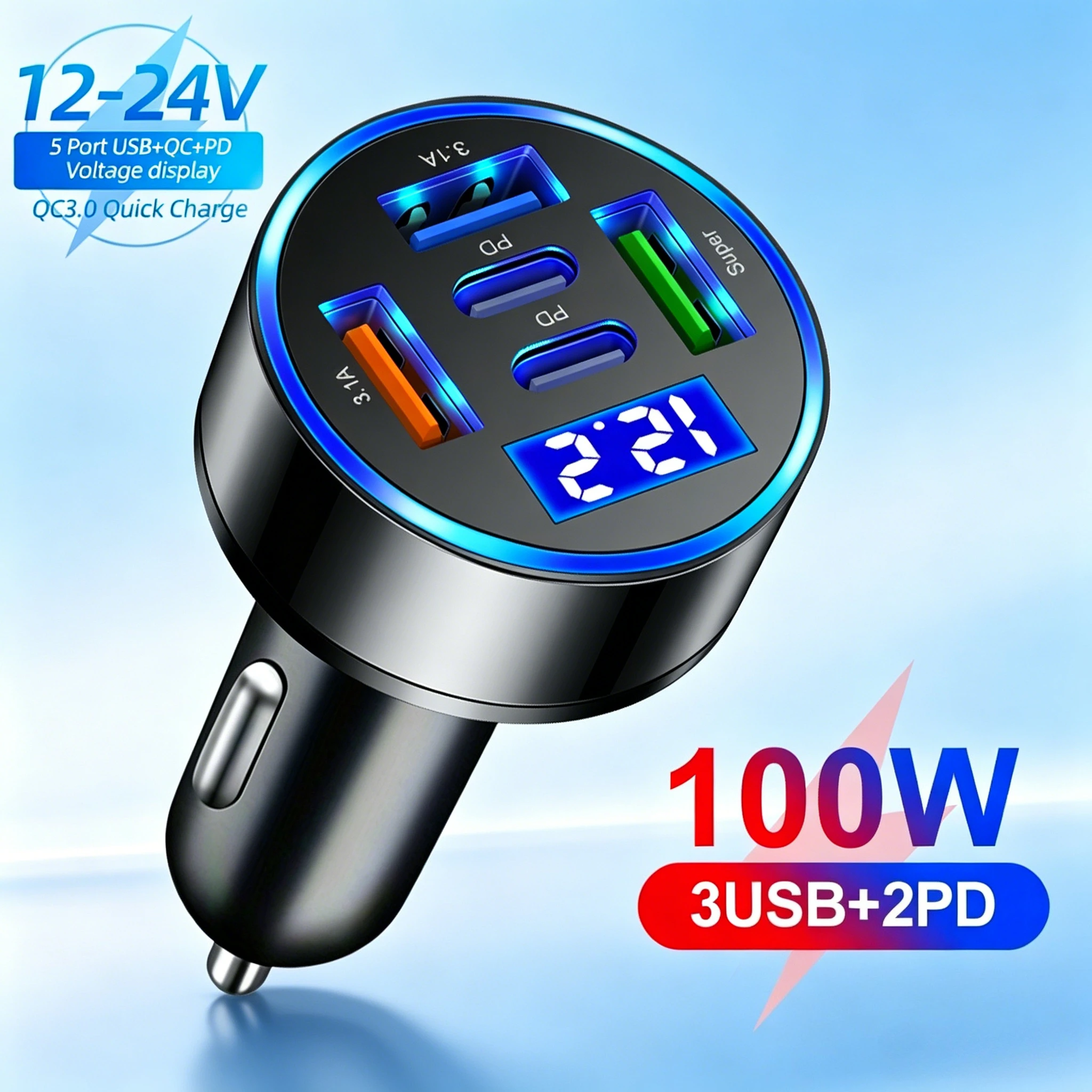 100W Car Charger Fast Charging 5 Port with Digital Display Flash Charger For iPhone Samsung Xiaomi Multi Port Cigarette Lighter