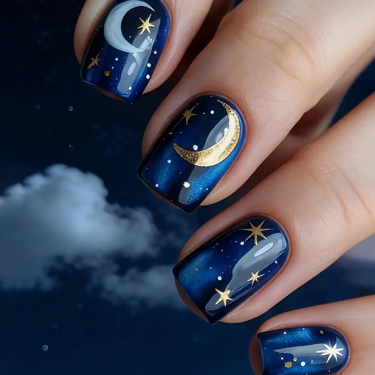 

24 штуки наклеек для ногтей глубокого синего цвета с узором в горошек, звездами и луной, с эффектом мерцающего кошачьего глаза, для ежедневного декора ногтей своими руками.