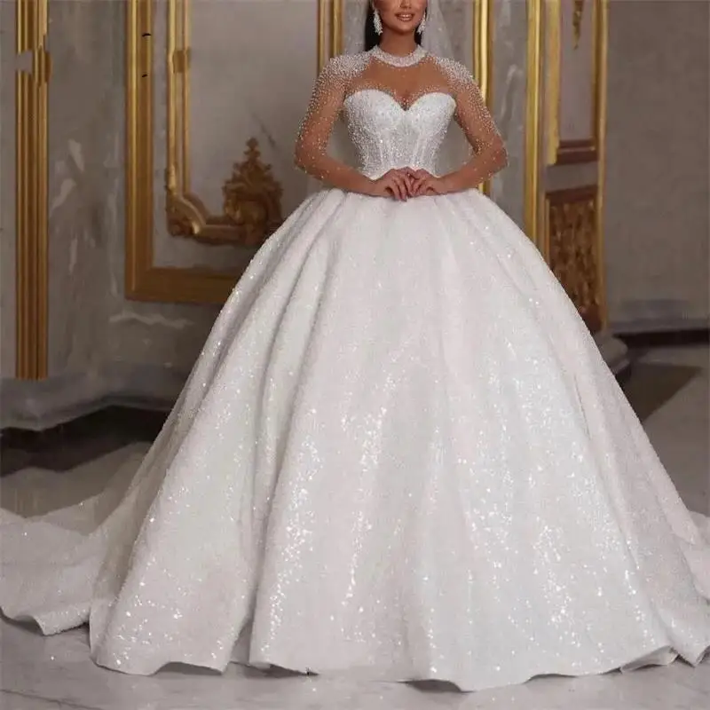 

Luxury Ball Gown Glitter Beads Sequin Long Sleeves Sexy Dubai Bride Bridal Gown Custom Made