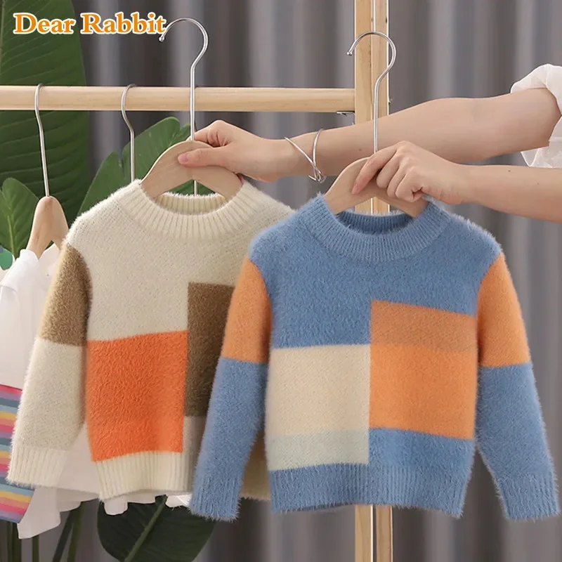 2023 New O-Neck Baby Mink fleece Sweaters Plaid Pullover Knit Kids Clothes Boy Autumn Winter Tops Children Clothing toddler coat