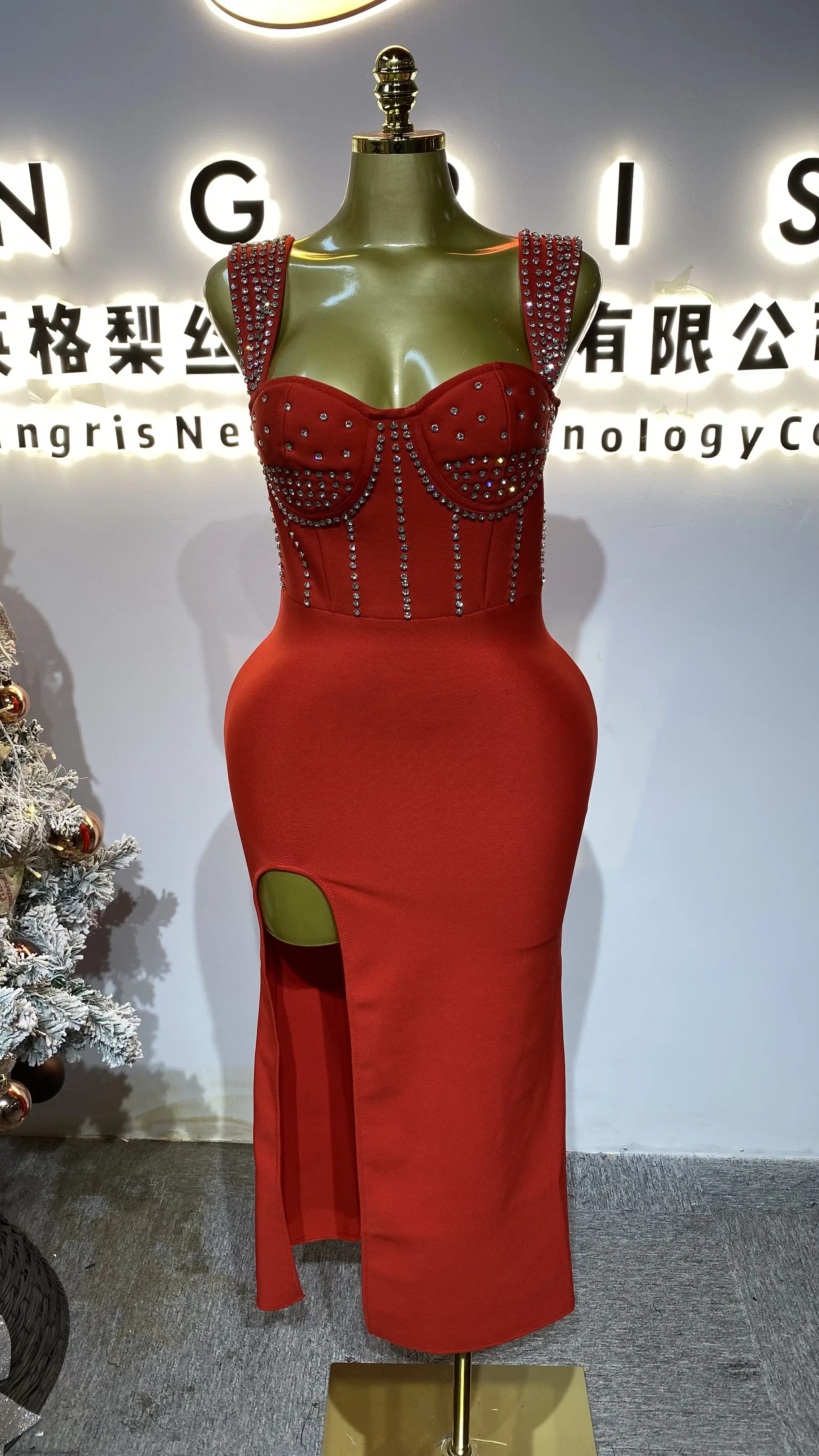 

Women wearing rhinestone birthday parties, solid color long bandage dress, robe, Maxi dress with evening gown-GZXX428