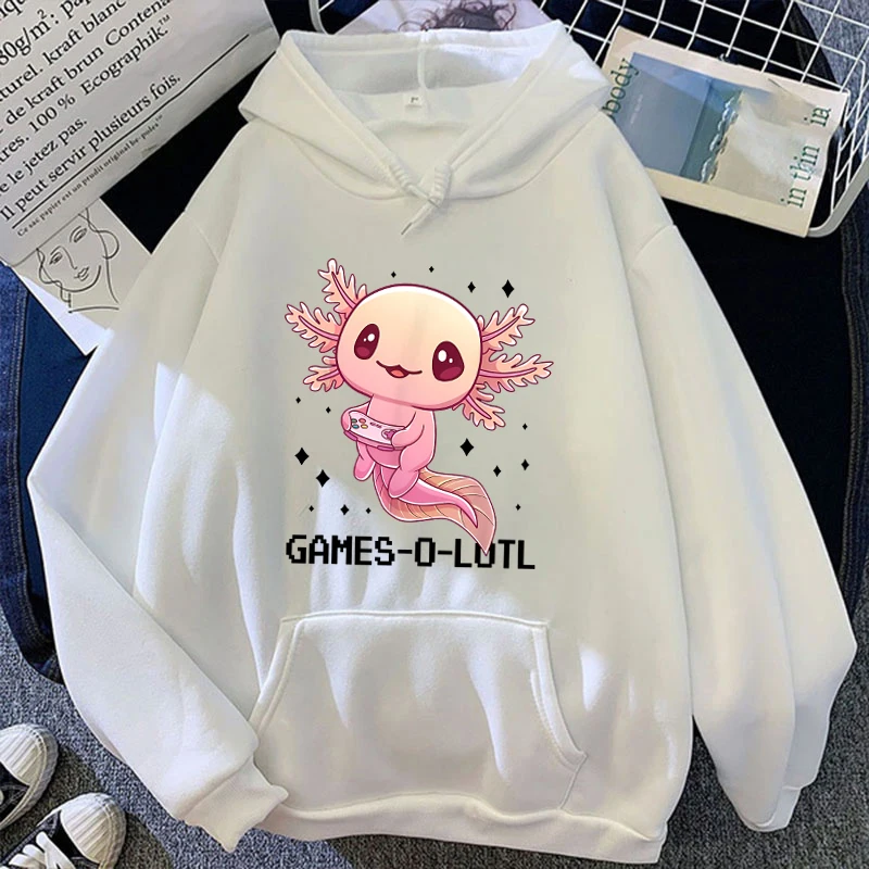 (Premium hoodie)Cute Game Solotl Axolotl Video Gamer Letter Printing Hoodies Loose Sweatshirt Women Men Personality Long Sleeved