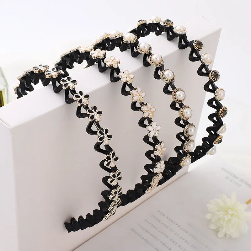 Fashion Pearl Rhinestone Wave Hairband Elastic Flower Non-Slip Hair Hoop For Women Washing Face Hair Accessories Headwear Gifts