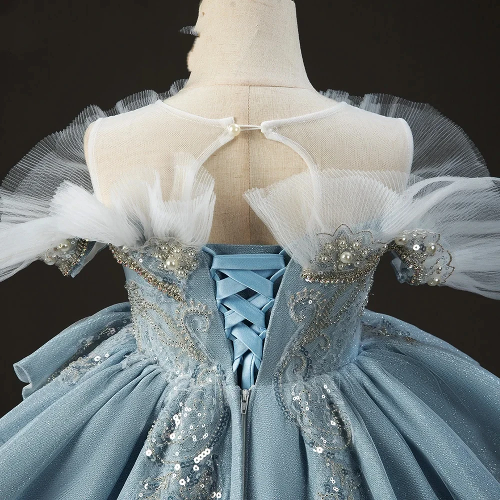 Customized Flower Girl Dress For Wedding Pearls Appliques Sleeveless Floor Length Luxury Kids Birthday First Communion Gown