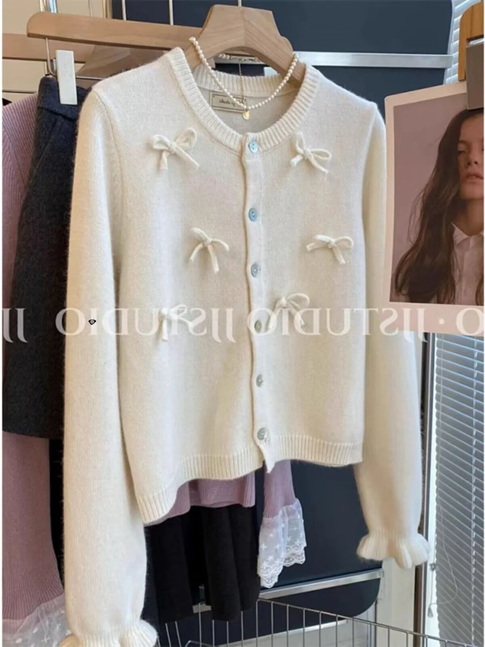 Women Soft Knit Coats Korean Style Bow Knitted Cardigans Short Tops Autumn Winter Sweet Long Sleeve Round Collar Sweaters Jacket