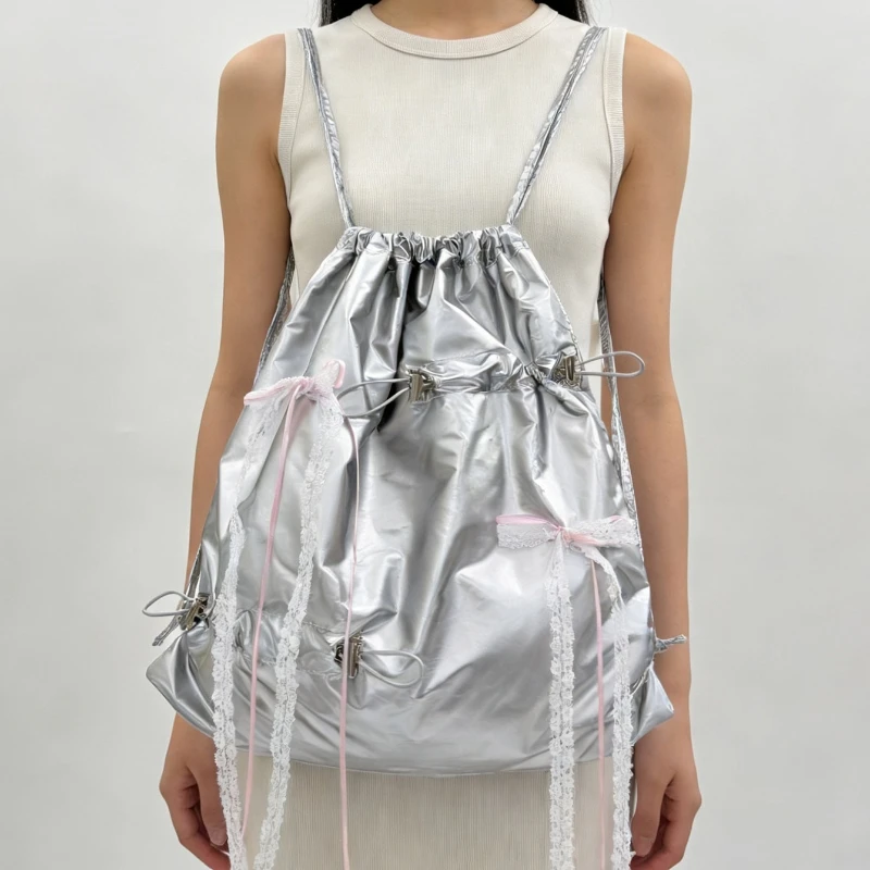 

2026 New Style Irregular Nylon Drawstring Pleated Backpack Casual Large Capacity Cute Ribbon Silver Shoulder Bag Shopper Purses