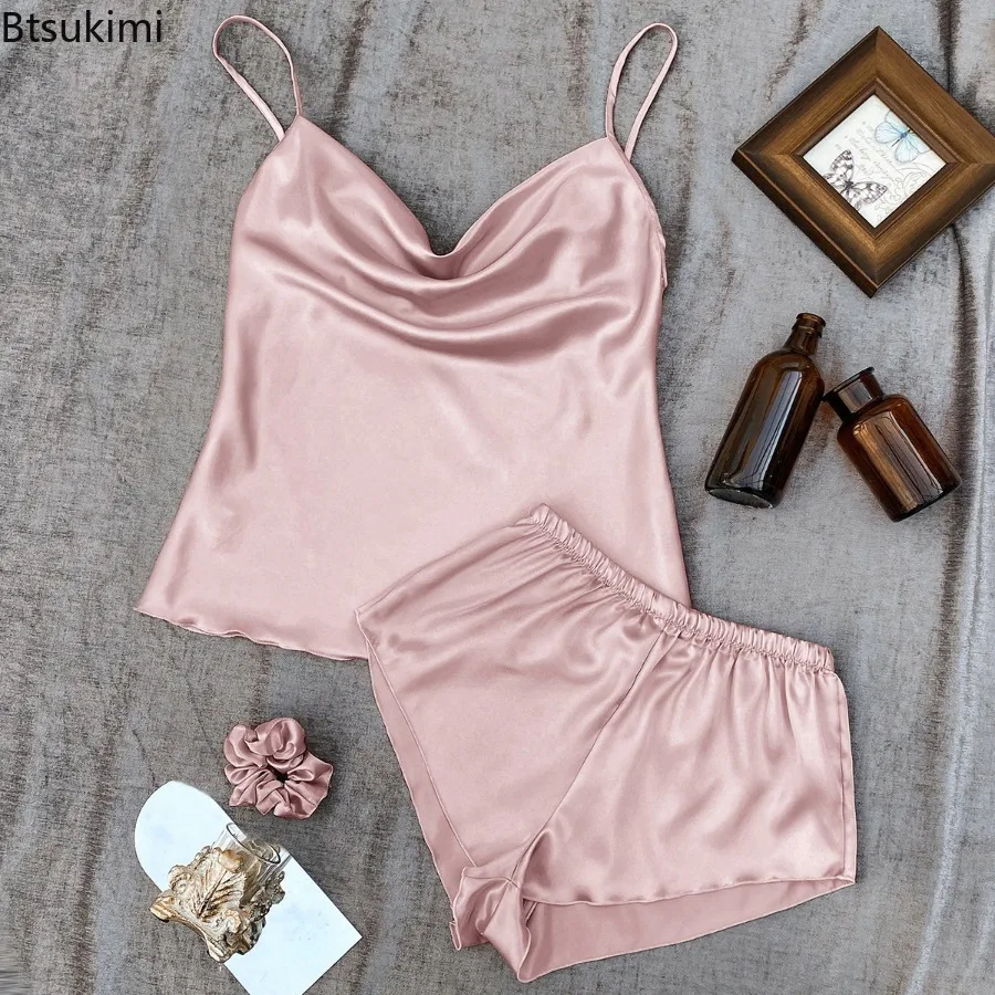 

New 2025 Summer Pajamas Solid Satin Pajama Set for Women V Neck Cami Top Elastic Waistband Shorts Women's Sleepwear Loungewear