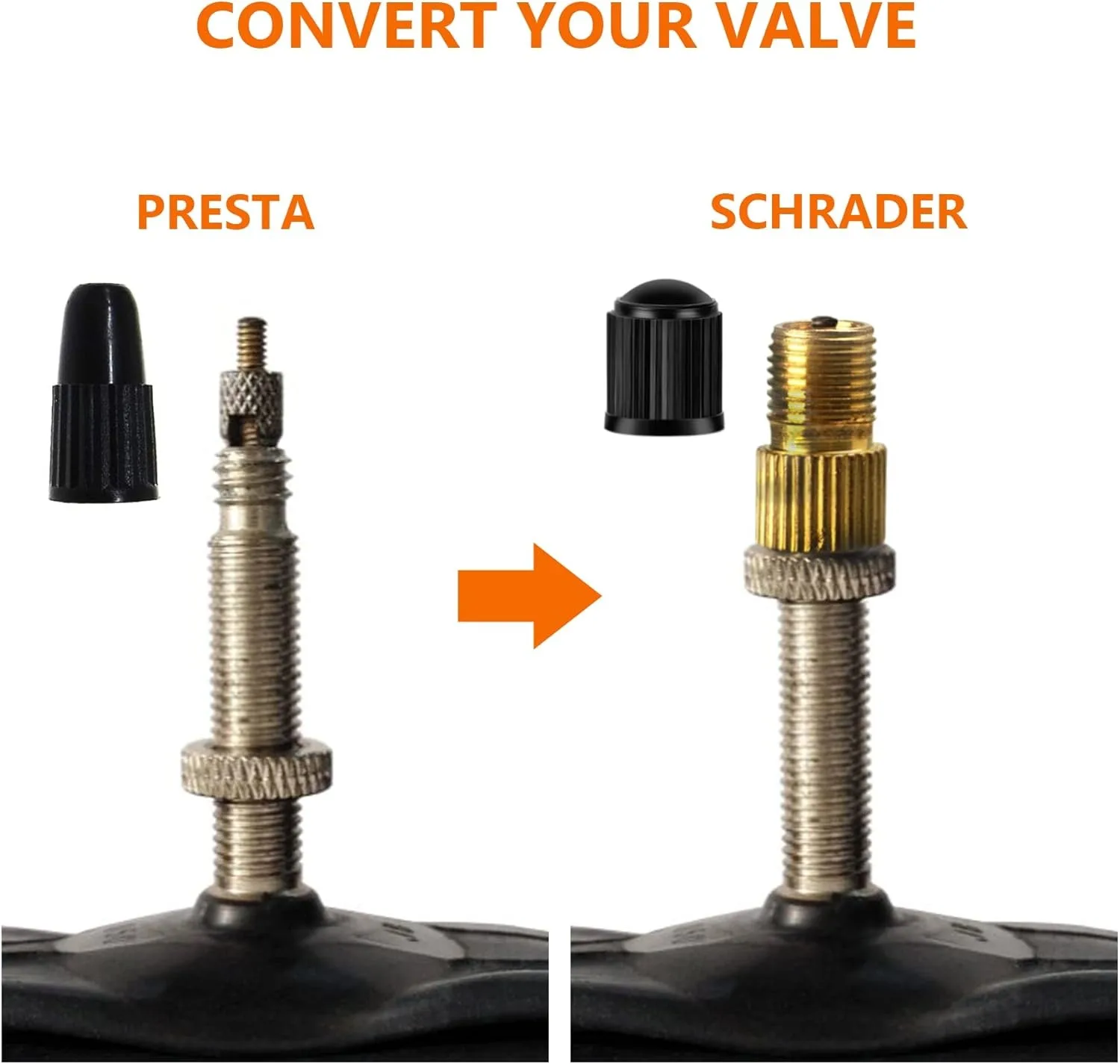 Brass Presta Valve Adaptor (Pack of 5 + 10 Caps) - Convert Presta to Schrader for All Types of Bikes, e-Bikes, and e-Scooters