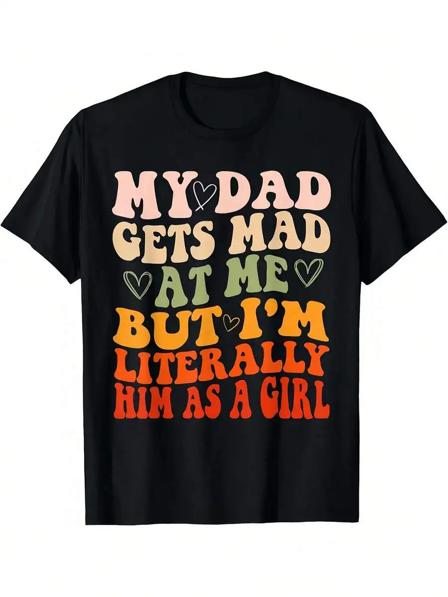 1pc Kids' Dad Mad Print Black TShirt Crew Neck Casual Cotton Tee Medium Stretch Knit Fabric Regular Fit For Boys Girls Children