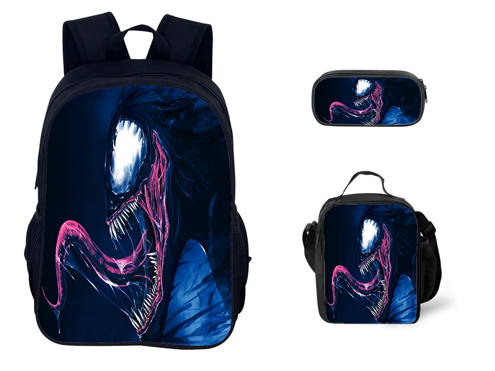 

Little Boy Girl Venom Classic Book Bag 3Pcs Fashion Schoolbag+Reusable Lunch Box+Pen Case Set-Kid Daily Use Backpack