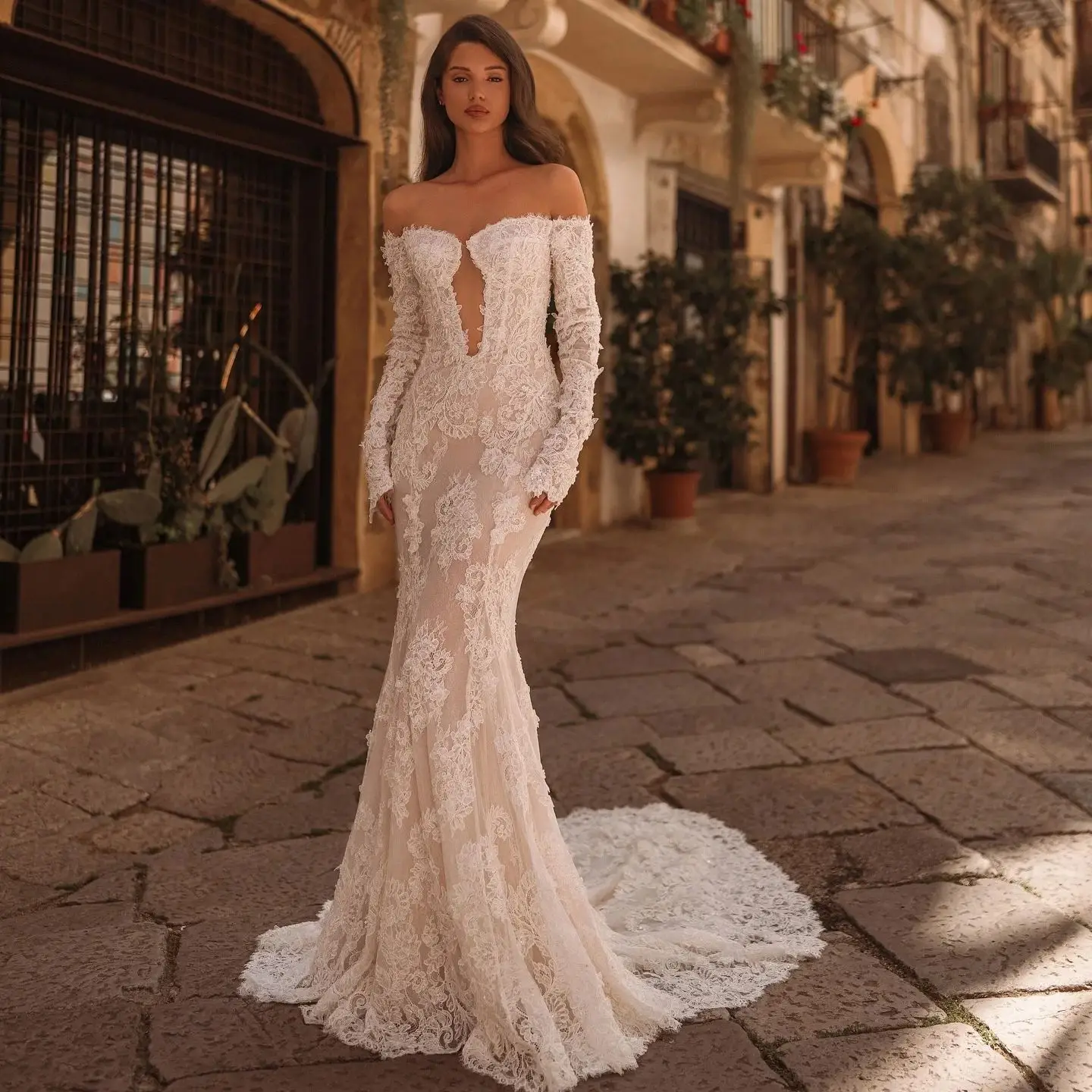 

Свадебное платье на заказ с кружевом, формальное, с вырезом «сердечко», длинными рукавами, силуэт «русалка», со шлейфом, Vestido De Novia