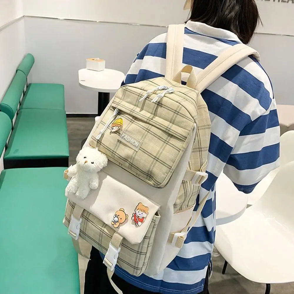 Mochila Xadrez Bonita de Grande Capacidade, Bolsa de Ombro Cartoon Estilo Coreano, Bolsa Escolar Estudante Simples, Unisex, Y2K, 5 peças por conjunto