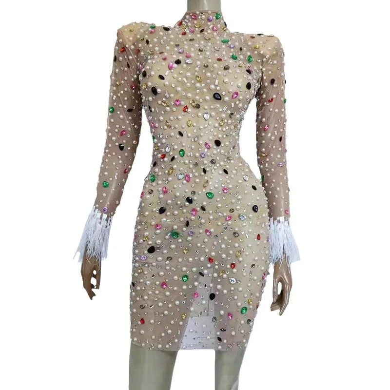 

Nightclub Bar Singer Print Diamonds Pearl Feathers See-through Mesh Skirt Party Vestidos Fiesta De Lujo Bespoke Occasion Dresses
