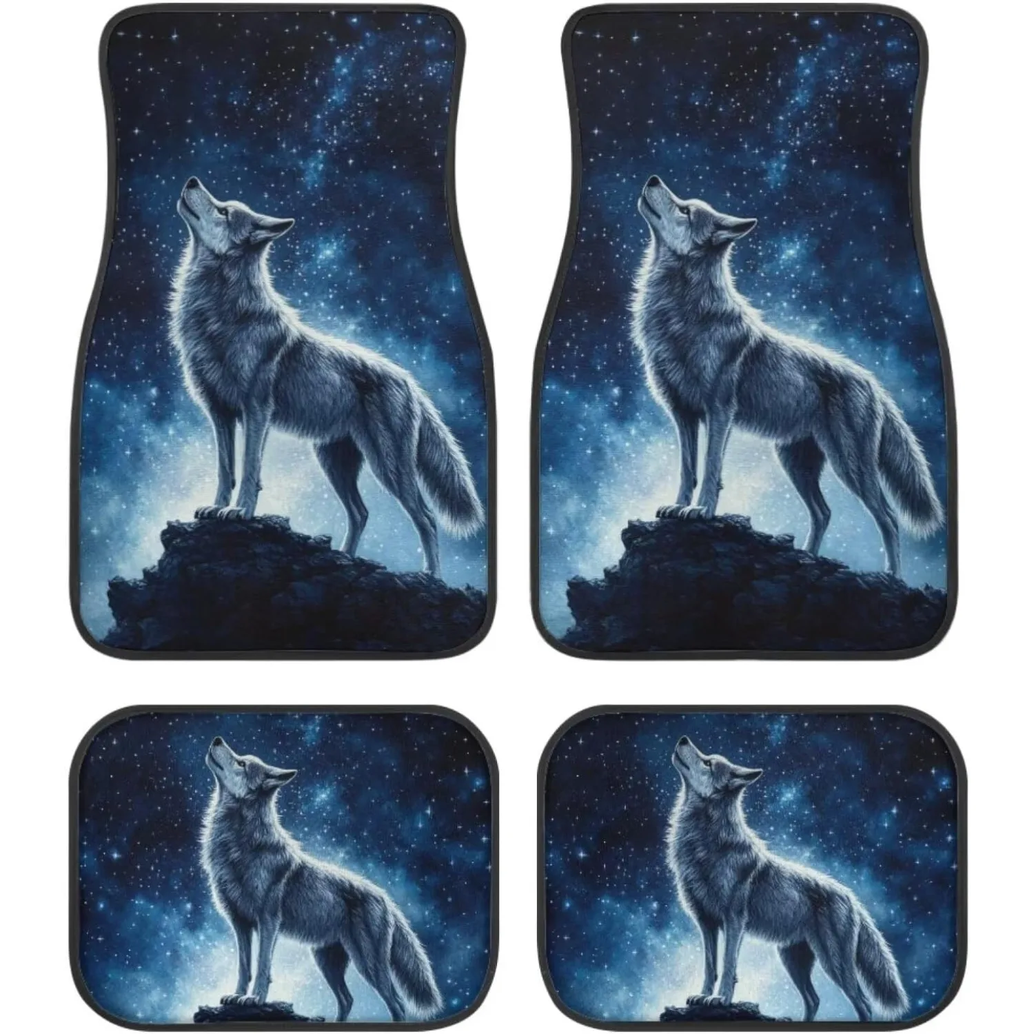 4pcs All-Weather Car Floor Mats With Wolf Galaxy Print - Heavy-Duty Fit For Sedans, SUVs, Trucks - Easy To Clean Full Set With F