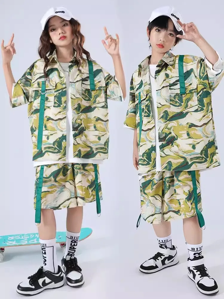 Fashion Children Clothing Boys Hip Hop Costume Short Sleeves Shirt Shorts Kpop Girls Jazz Dance Clothes Performance Wear BL11681