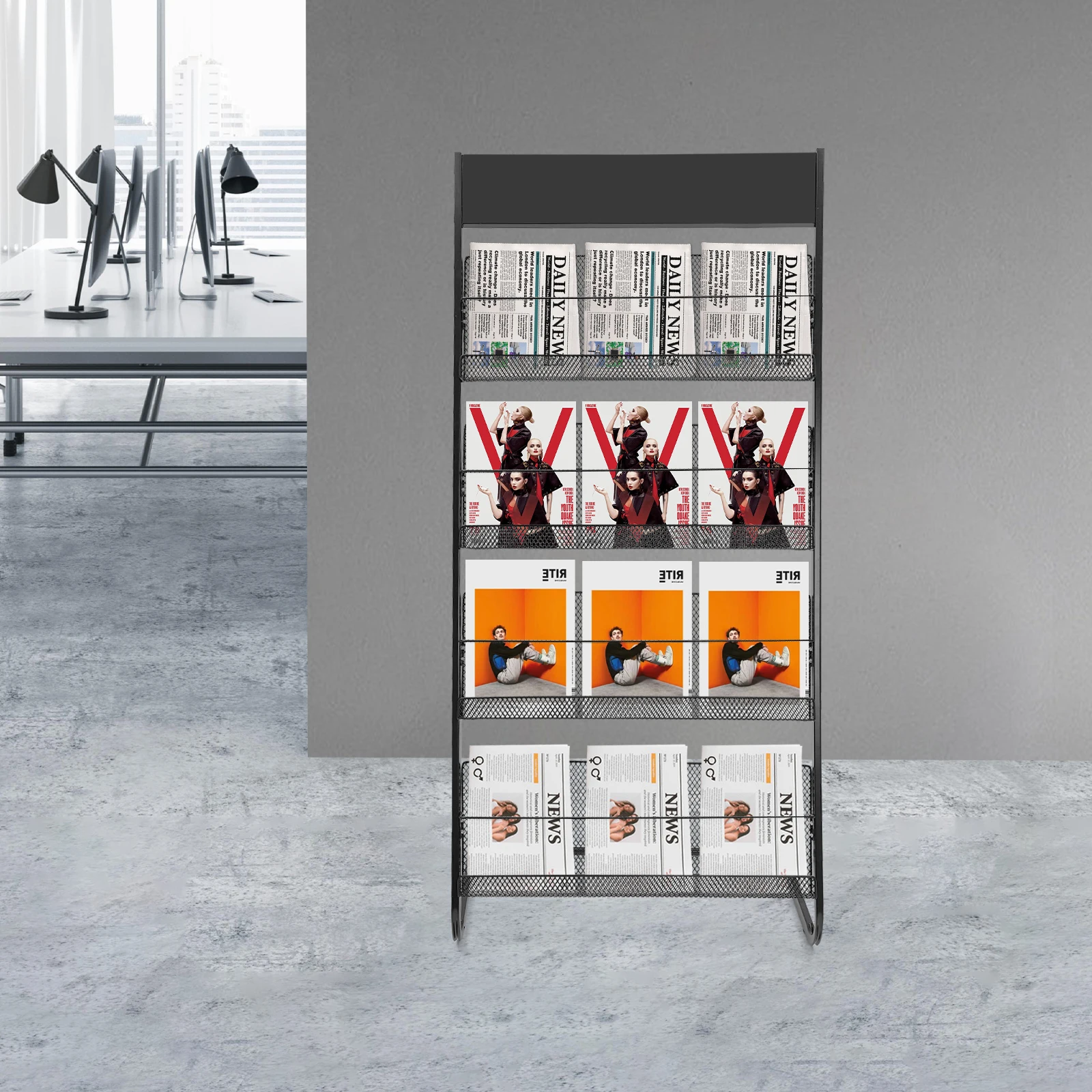 حامل عرض مجلات قائم على الأرض باللون الأسود مكون من 4 طبقات، رف صحف سلكي، للمنزل والمكتب، موفر للمساحة #1