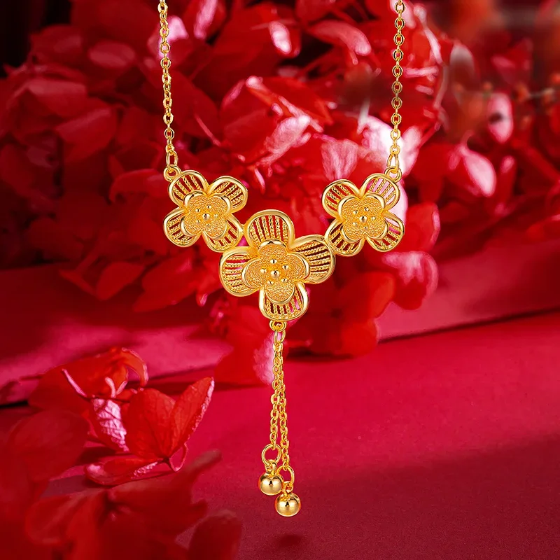 9999 Real Gold 24K Premium Hollow Flower Necklace Flower Clavicle Necklace Bridal Wedding Jewelry