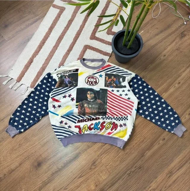 Michael Jackson World Tour Graphic Sweatshirt Unisex Retro 80s Hip‑Hop Star‑Stripe Long‑Sleeve Pullover Casual Family Matching